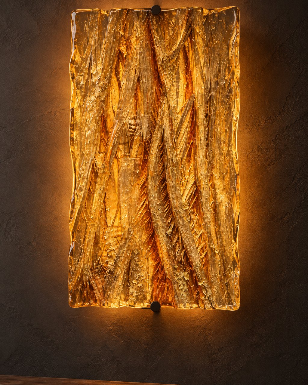 Rendering of the Cedar Sconce mounted on a dark plaster wall, glowing amber from a light behind the bark-textured glass.