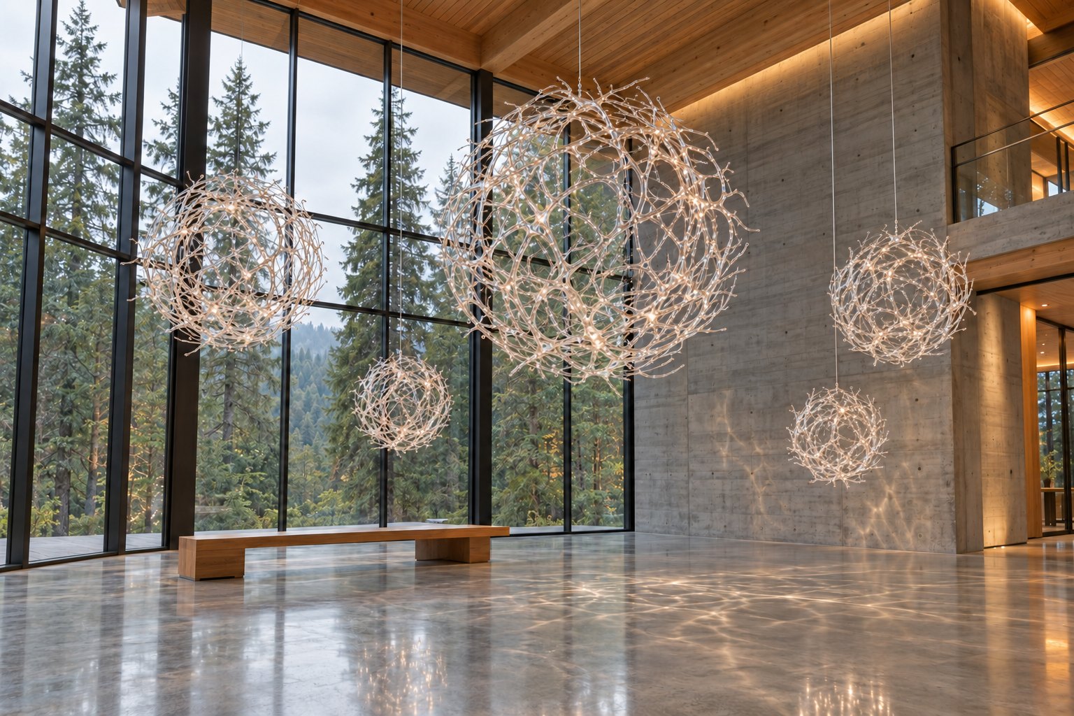 Rendering of five glass tumbleweeds of different sizes hanging in a timber and concrete atrium with a glass wall onto a fir forest.