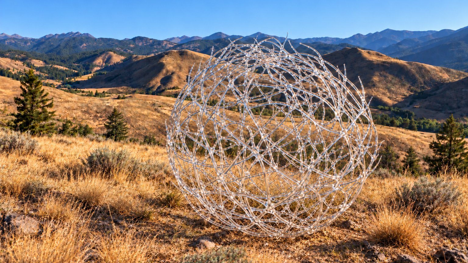 Rendering of a full-scale clear glass tumbleweed on a dry grass hillside with mountains behind.