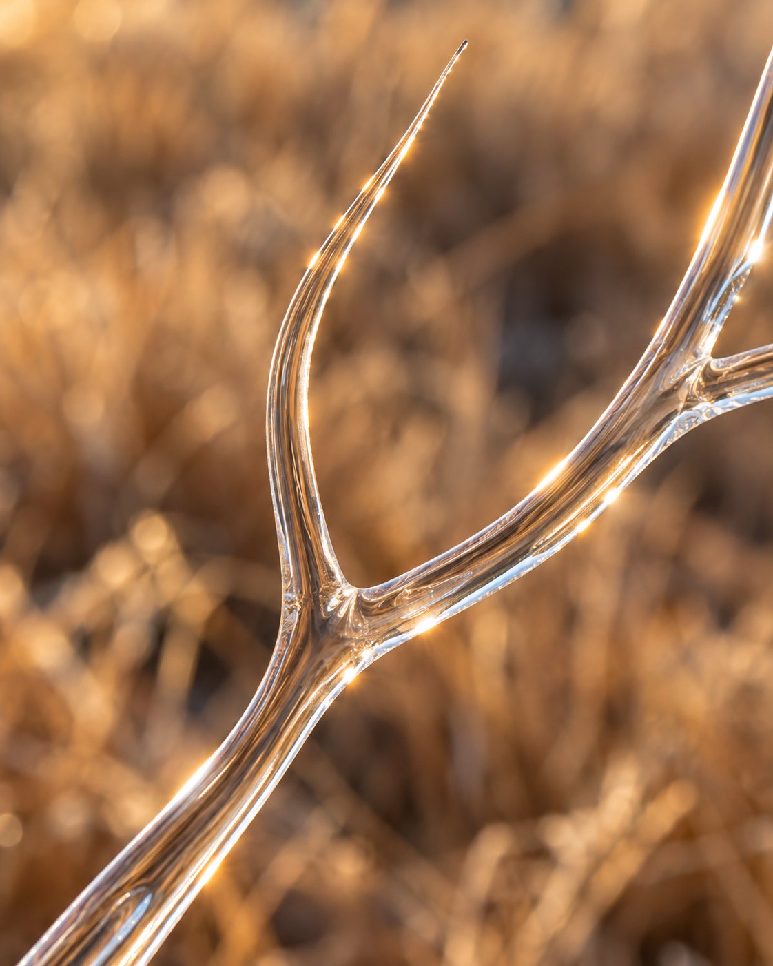 Rendering of a clear glass branch forking smoothly and tapering to a fine point, backlit against golden grass.