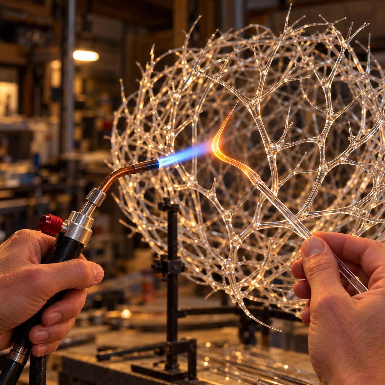 Rendering of hands bending a glass rod in a torch flame beside a glass tumbleweed on a steel stand.