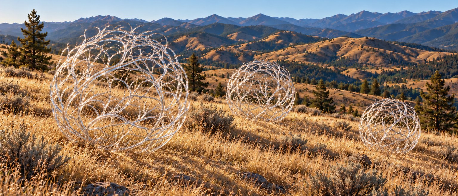 Rendering of three clear glass tumbleweeds of different sizes on a golden hillside with mountains behind.